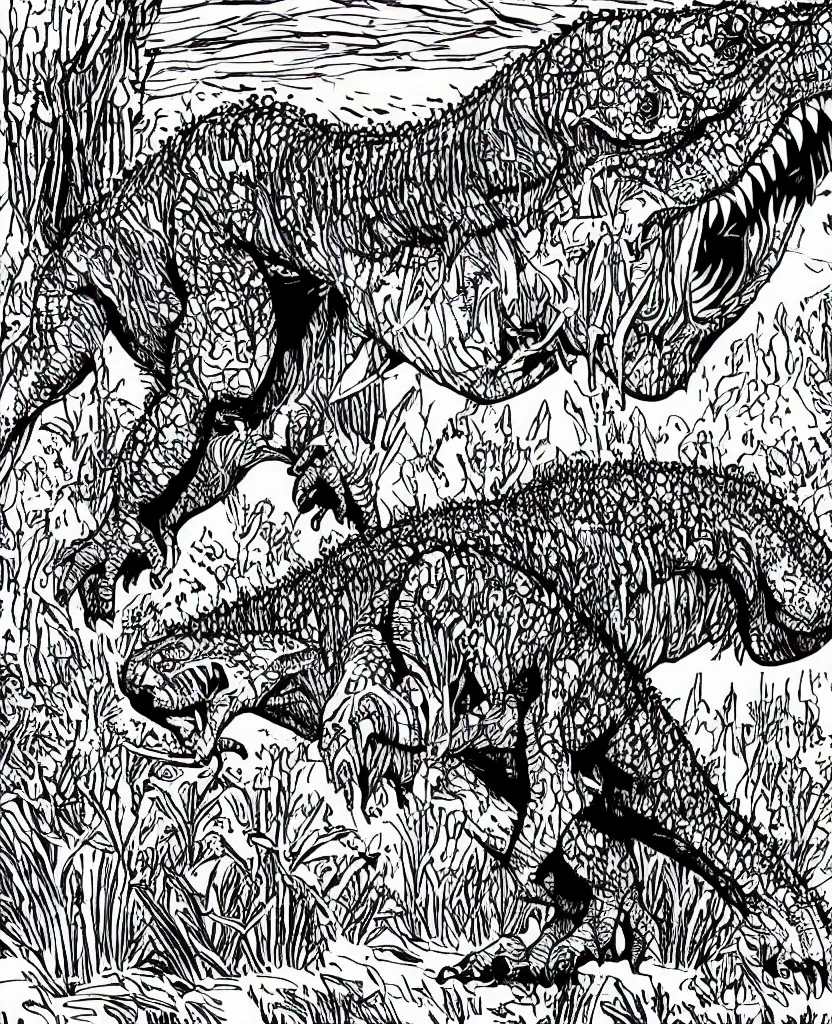 Image similar to tyrannosaurus rex walking around the countryside, symmetrical, accurate, simple clean black lines, black and white, white background and fill, coloring book, comic book, graphic art, line art, vector art, by martina matteucci, pavel shvedov, peter lundqvist, diane ramic, christina kritkou, artstation