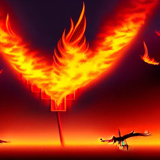 Image similar to in the lower part of the picture is the harp burning in the fire, above are cranes flying in flames, digital painting, concept art