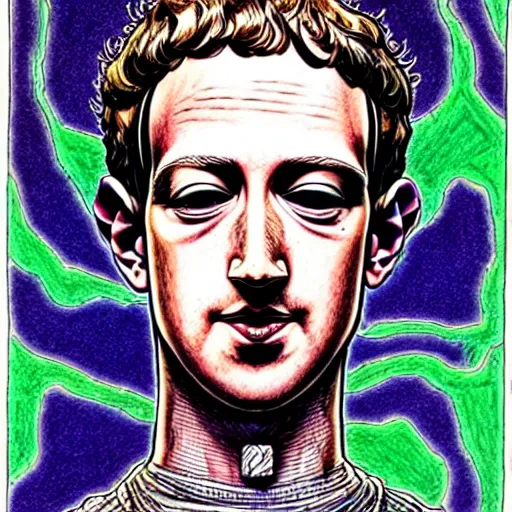 Image similar to the inner self of mark zuckerberg, clockwork engine, psychedelic, lsd, spiritual, mystical, epic beautifully detailed pen, ink and copic markers drawing by milo manara