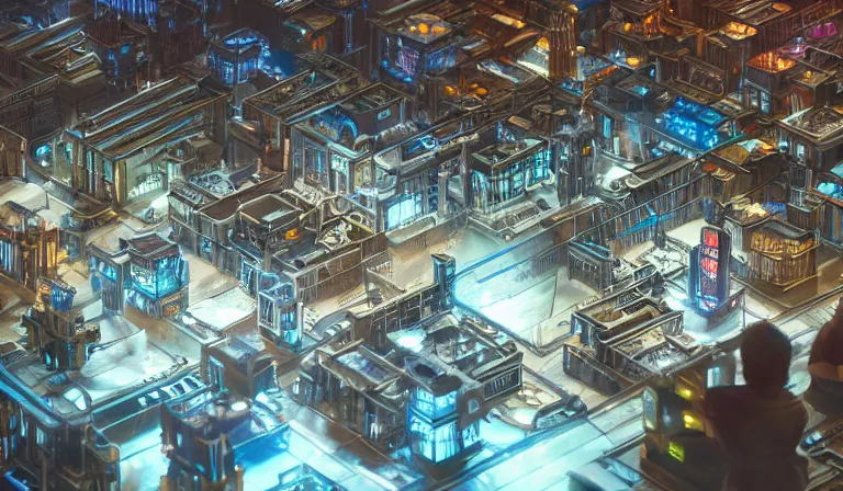 Image similar to large group people in open warehouse, looking at hologram of futuristic city on a table, cinematic concept art, godrays, godrays, golden hour, natural sunlight, 4 k, clear details, tabletop model buildings, center model buildings, hologram center, crane shot, crane shot, crane shot