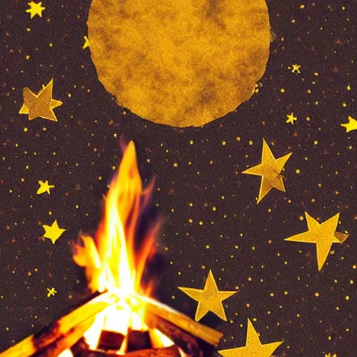 Image similar to a comfy crackling outdoor campfire in front of a very dark background of yellow illustrated stars, astrophotography, warm muted colors, cut paper photo collage with photograph and illustration