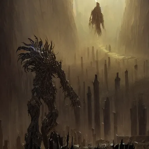 Prompt: a giant horrifying shadow spirit looming over a lone knight, fantasy horror painting by greg rutkowski and james gurney, trending on artstation, masterpiece, highly detailed, 8 k