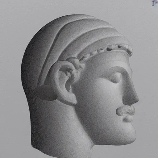 Prompt: minimalist drawing of an ancient greek head made of marble, of which a piece is missing but replaced by a polygonal futuristic reconstruction
