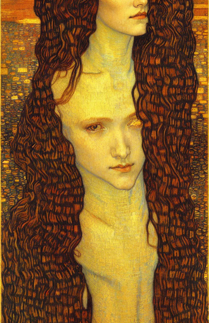 Image similar to detailed realistic beautiful young medieval queen face portrait by jean delville, gustav klimt and vincent van gogh, art nouveau, symbolist, visionary, gothic, pre - raphaelite, muted earthy colors, desaturated