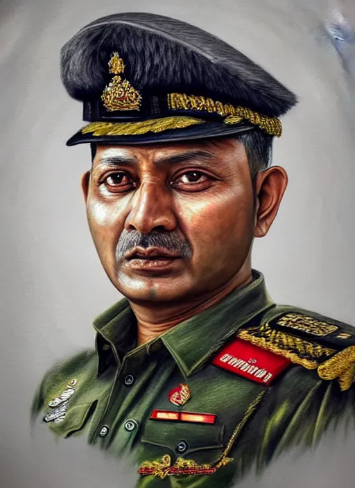 Image similar to highly detailed portrait of a bangladesh army general, photographic realistic background on thick paper, by greg rutkowski, by greg tocchini, by joe fenton, by nikkohurtado, by den _ yakovlev, by niki 2 3 gtr, by sivak _, by tonysantos, trending on instagram, award winning details