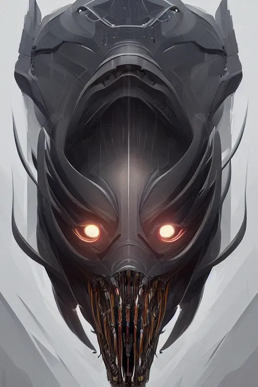 Image similar to professional concept art symmetrical portrait of a horrendous mechanical predatory species in a dark room by artgerm and greg rutkowski. an intricate, elegant, highly detailed digital painting, cubism, concept art, smooth, sharp focus, illustration, in the style of cam sykes.