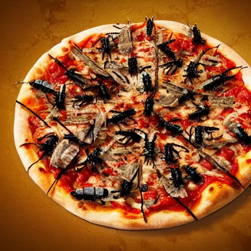 Image similar to a pizza covered in maggots and other insects. concept art illustration, hyper realistic, 4 k