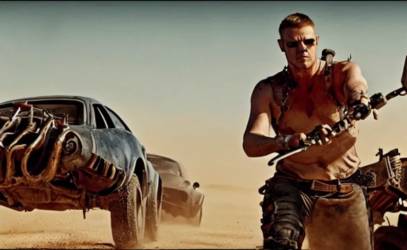 Image similar to flash mcqueen in mad max fury road, realistic, still from a movie