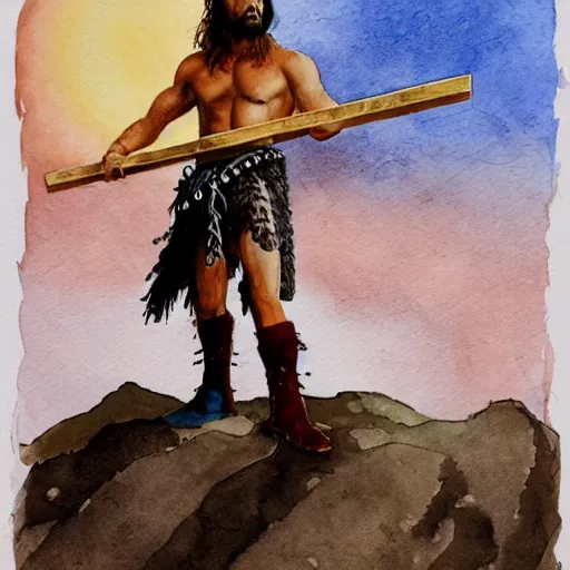 Prompt: randy savage with a ladder posing in desolate wasteland | fantasy watercolour painting | middle earth | conan | barbarian