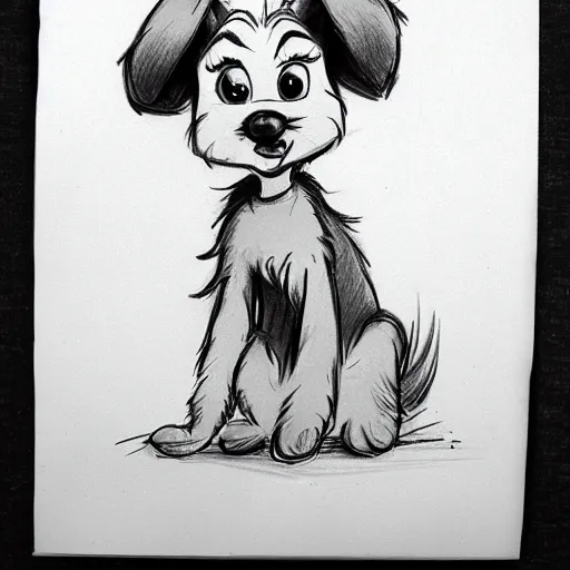 Image similar to milt kahl pencil sketch of happy mini schnauzer cartoon lady and the tramp style