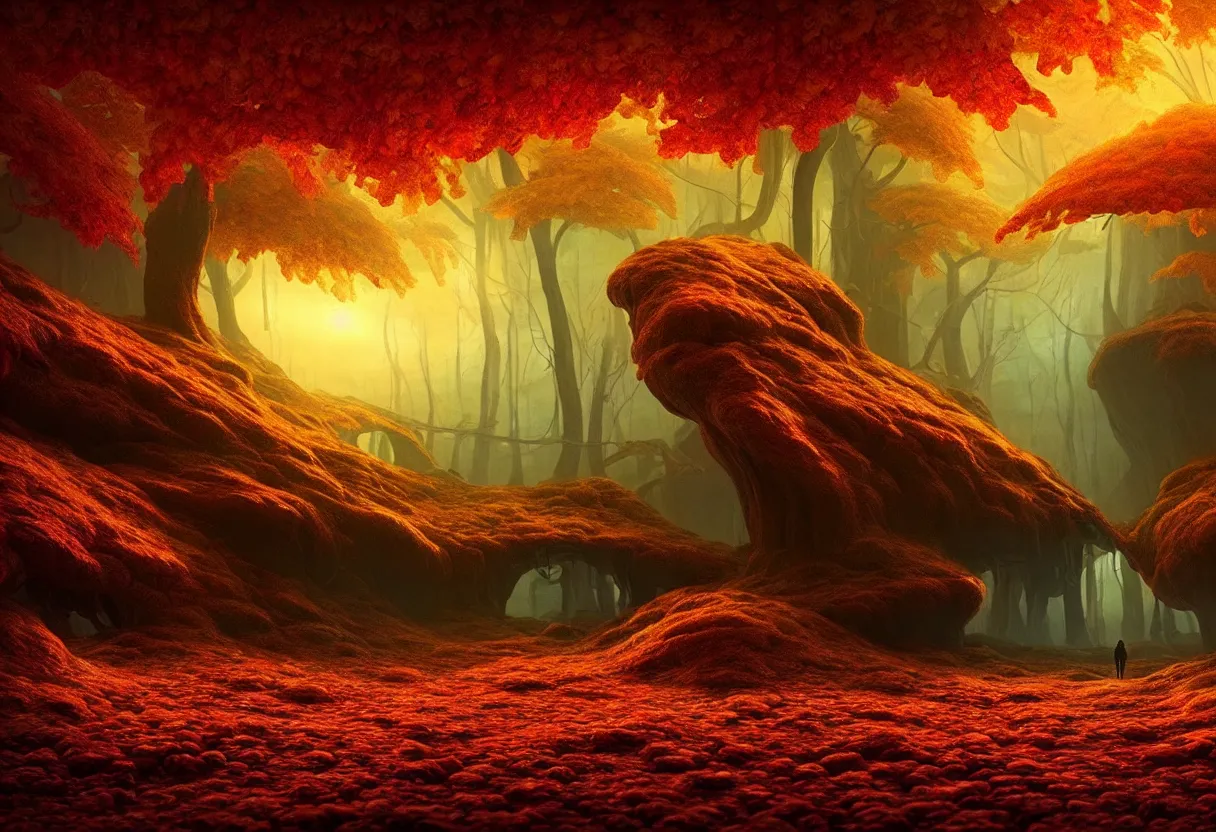 Prompt: inside of alien autumn colored flowing landscape of human mind and imagination, matte painting, beautiful render, octane render, concept art