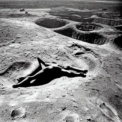Image similar to a person laying in a huge crater. their body twisted unnaturally, spaceship wreckage in background. ap photograph 1 9 8 5