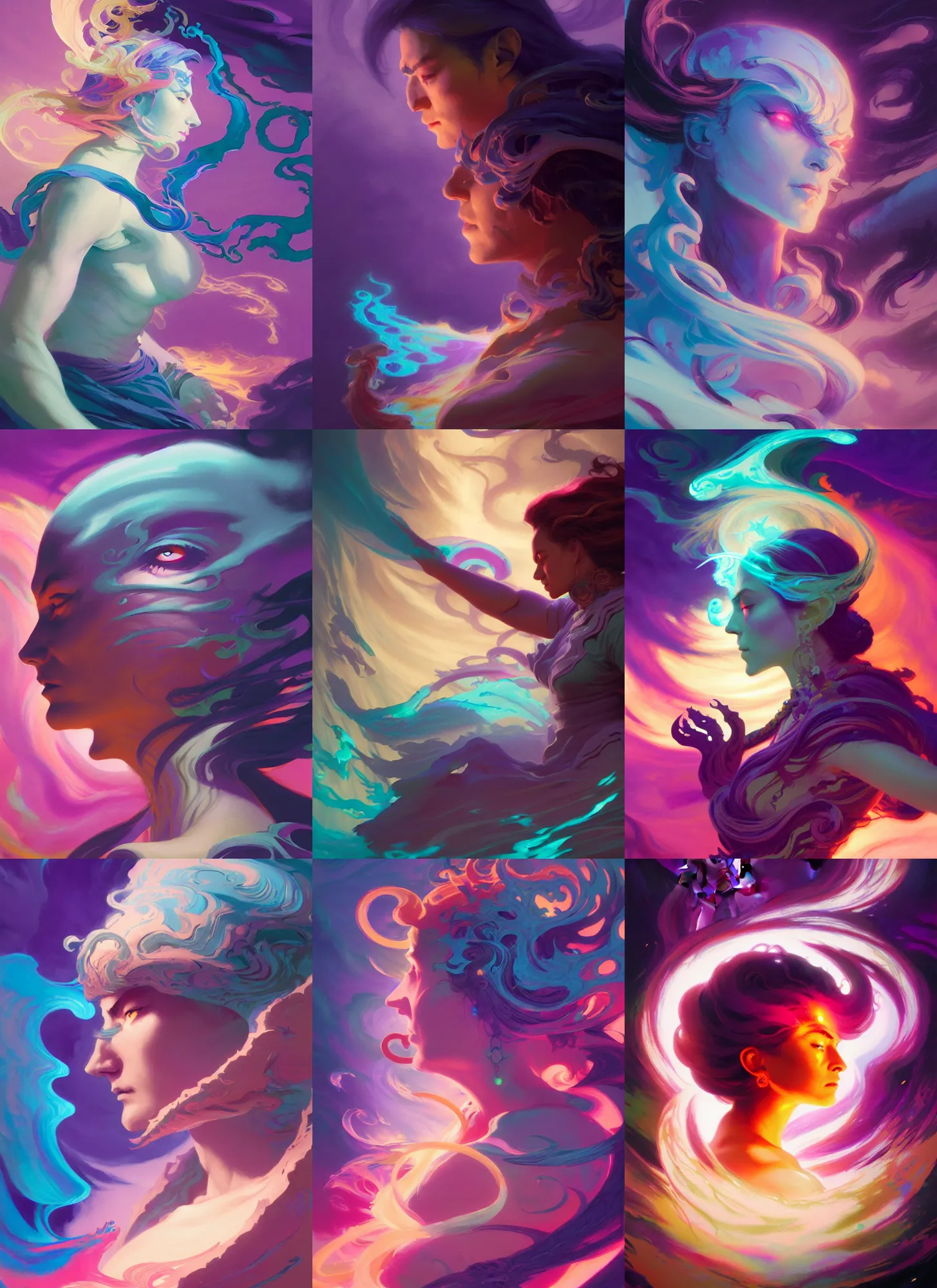 Prompt: side profile, hellscream, gloomhaven, luminescent, tarot, colorful swirly magic ripples, pastel colors, by greg manchess, huang guangjian, sachin teng, greg rutkowski, jesper ejsing, ilya kuvshinov