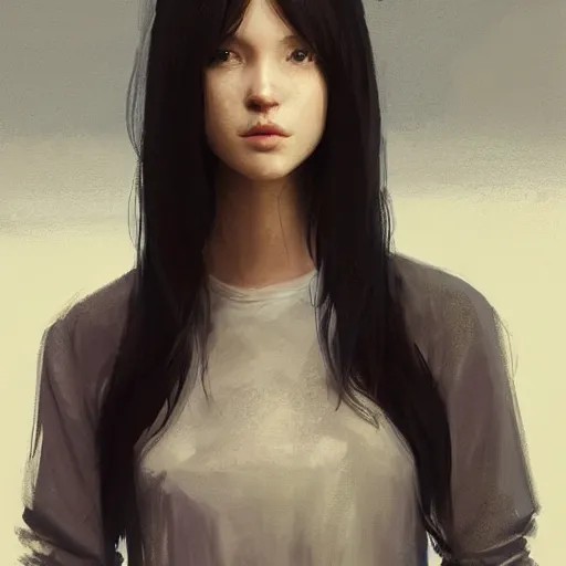 Image similar to portrait of a young woman by greg rutkowski, she is about 2 0 years old, mixture between russian and japanese, pretty, black bob hair with two strands around her face, very tall and slim, wearing a oversized jumper jumpsuit, highly detailed portrait, digital painting, artstation, concept art, smooth, sharp foccus ilustration, artstation hq