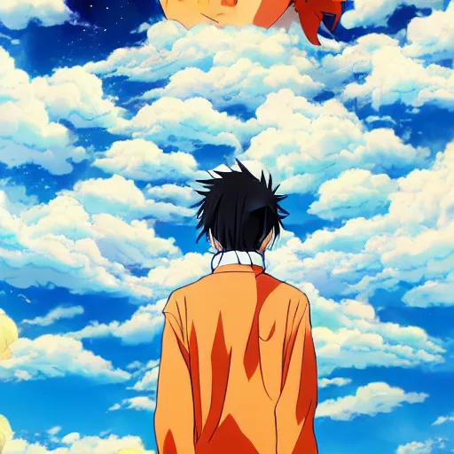 Prompt: anime key visual of a man walking on clouds with an orange longsleeve, official media, trending on artstation, in the style of takashi murakami