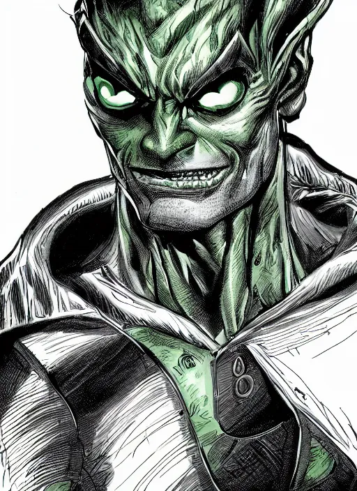Image similar to norman osborn, the green goblin, illustration, sharp focus, highly detailed, vertical portrait, concept art, smooth, dramatic lighting, facing forward, face in focus, in the style of Jim Lee