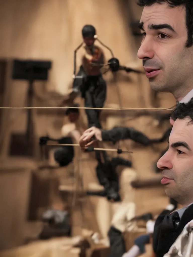 Prompt: close up photograph of nathan fielder behind a puppet stage controlling a marionette by the strings, high detail, 8 k, photorealism, sharp focus, volumetric lighting