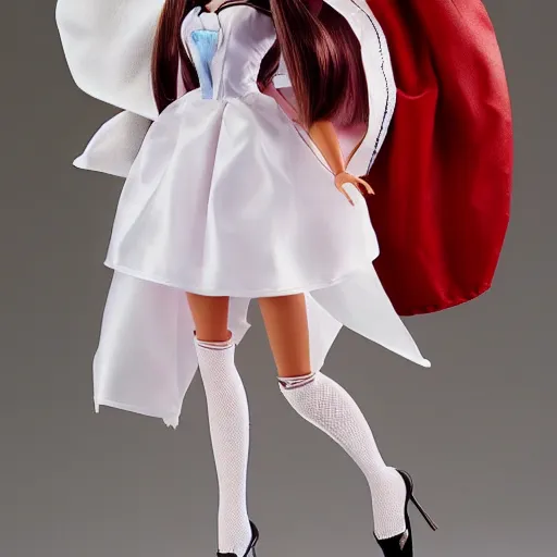 Image similar to anime barbie doll, nurse costume, full length, high heels, lace, stockings, rim of leather hare ears on the head