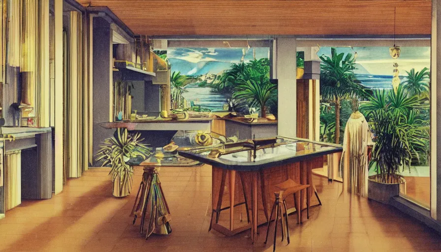 Image similar to A 1985 magazine architecture photo of a kitchen, mediterranean balustrade and columns, refracted lines and sparkles, thunderstorm outside, beach and Tropical vegetation on the background major arcana sky and occult symbols, kitchen by paul delaroche, hyperrealistic 8k uhd, award-winning, 1985