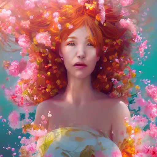 Image similar to portrait Ginger woman in a swirling sundress of flowers, underwater, floral explosion, radiant light, vortex of plum petals, by WLOP and artgerm, artstation, deviantart