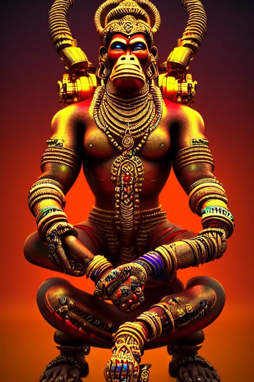 Image similar to high quality 3 d render colorful cyborg! hanuman sitting, gold madhubani, highly detailed, cyberpunk!! mumbai in the background, unreal engine cinematic smooth, szukalski & blade runner, moody light, low angle, uhd 8 k, sharp focus