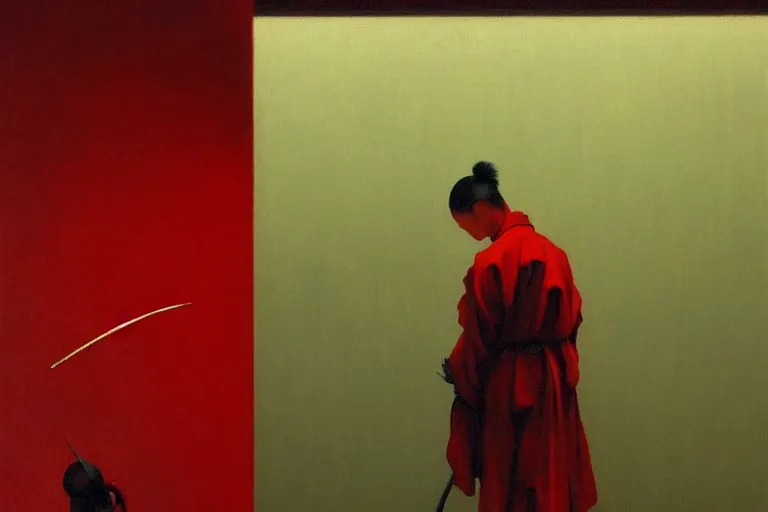 Image similar to only with red, a red samurai harakiri, tokio, a lot of frogs watch, in the style of beksinski, parts by edward hopper, parts by rodcenko, parts by yue minjun, intricate and epic composition, red by caravaggio, insanely quality, highly detailed, masterpiece, red light, artstation, 4 k