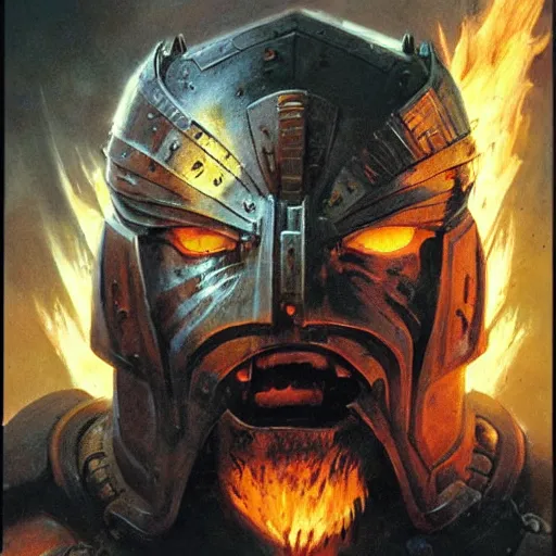 Image similar to head and shoulders portrait of an armored fire giant, d & d, fantasy, greg rutkowski, frank frazetta, alexandre chaudret, boris vallejo, michael whelan, miro petrov, magali villeneuve, donato giancola