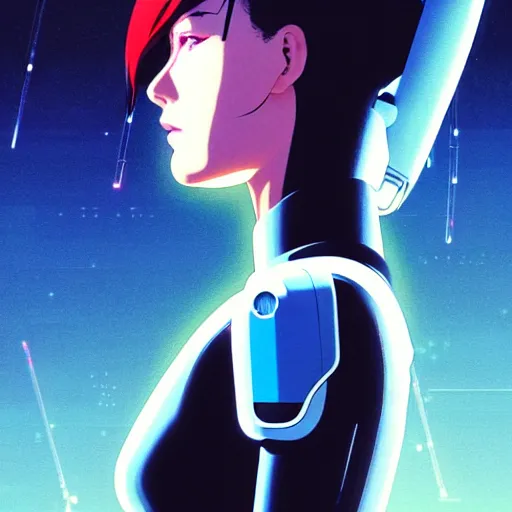 Image similar to side portrait scifi cyborg girl with robotic parts and spacesuit | | head only in center of image, audrey plaza, fine detail!! anime!! realistic shaded lighting!! poster by ilya kuvshinov katsuhiro otomo ghost - in - the - shell, magali villeneuve, artgerm, jeremy lipkin and michael garmash and rob rey