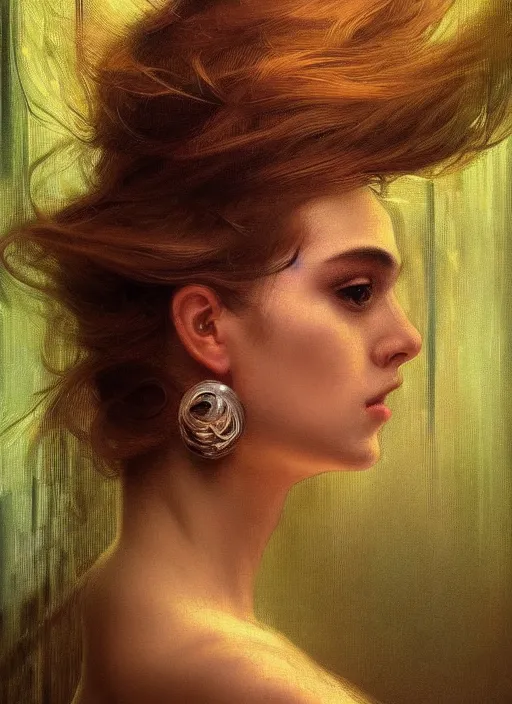 Image similar to a highly detailed photo of very intricate female face portrait, futurism, rococo cyber neon lighting, detailed futuristic fibonacci jewelry, profile posing, hyper photorealistic, trending in pinterest, cinematic, 4 k ultra hd, by denis villeneuve tom anders zorn hans dragan bibin thoma greg rutkowski ismail inceoglu illustrated sand storm alphonse mucha