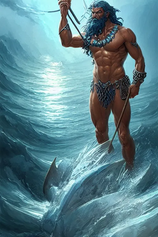 Image similar to poseidon humanoid god of the sea, trident, highly detailed, d & d, fantasy, highly detailed, digital painting, trending on artstation, concept art, sharp focus, illustration, art by artgerm and greg rutkowski and magali villeneuve