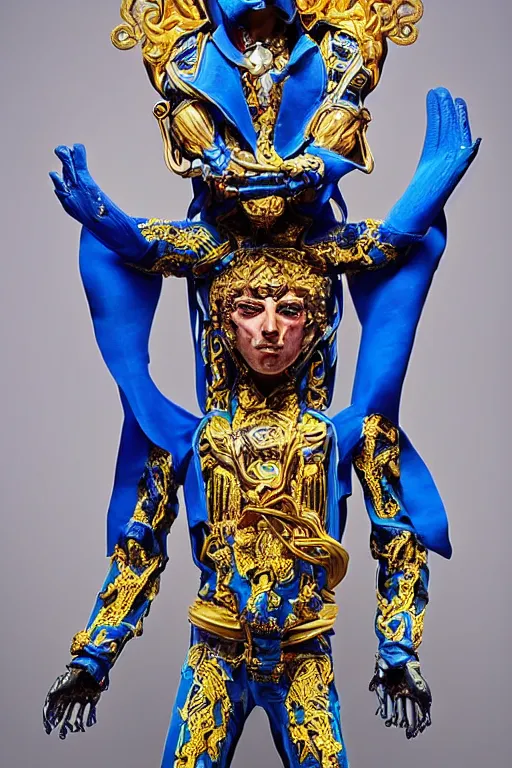 Image similar to full-body sculpture of a young handsome Colombiano prince as a half cibernetic android with a glowing blue battery in his chest, white laser beam coming out of his eyes, crown of giant diamonds, flowing neon-colored silk, fabric, raptors, in a cyperbunk and baroque style. baroque elements. full-length view. baroque element. intricate artwork by caravaggio. many many birds birds on background. Trending on artstation, octane render, cinematic lighting from the right, hyper realism, octane render, 8k, depth of field, 3D