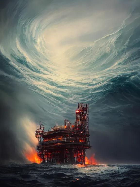 Image similar to photo of 8k ultra realistic burning oil rig at sea, heavy storm, rain, large waves, full of colour, cinematic lighting, battered, trending on artstation, 4k, hyperrealistic, focused, extreme details,unreal engine 5, cinematic, masterpiece, art by Peter Mohrbacher