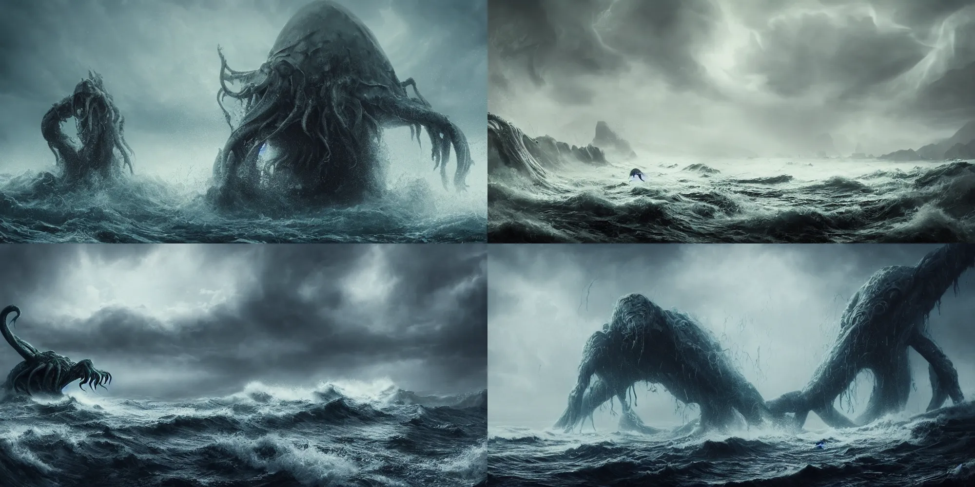 Prompt: epic image of gigantic cthulhu emerging from the ocean, fog, rain, ocean spray and waves, in the style of andree wallin, dark, dramatic, moody, cinematic, hyperrealistic, hyperdetailed, octane render