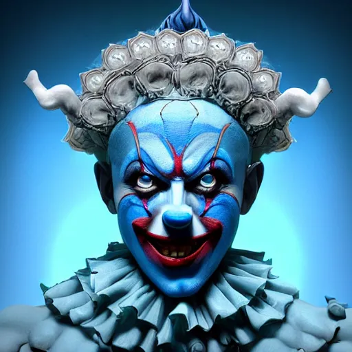 Image similar to 4K headshot of godlike clown with blue skin defined arms and open hands and bloody clothes with giant mandala wings , intricate clown face make-up , flawless anime cel animation by Kentaro Miura, psychedelic , highly detailed upper body , professionally post-processed , beautiful, scary, symmetry accurate features, epic, octane rendered, anime masterpiece, accurate