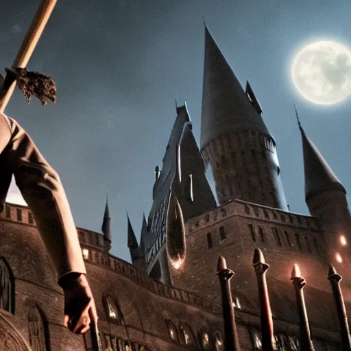 Harry potter riding a broomstick, back view, cinematic Stable