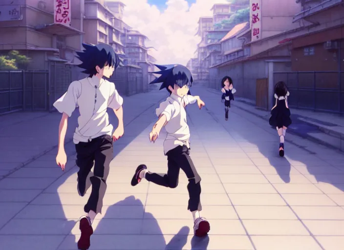 Image similar to a film still portrait of an anime boy and anime girl running towards each other, finely detailed features, closeup at the faces, perfect art, at a city street, gapmoe yandere grimdark, trending on pixiv fanbox, painted by greg rutkowski makoto shinkai takashi takeuchi studio ghibli, akihiko yoshida