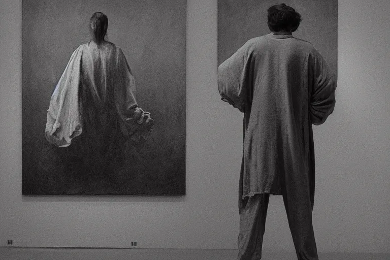 Prompt: back view of a man wearing crumpled robe standing in front of the painting in the minimalist art gallery, retrofuturism, symmetry, highly detailed, high sharpness, modern sci - fi movie, by beksinski and rutkowski