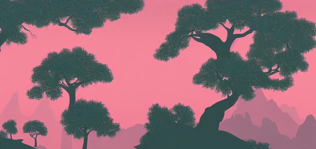 Image similar to a forested landscape, large hanging tree canopies, pink light on the horizon, mountains, vast foliage by eyvind earle, highly detailed, volumetric lighting