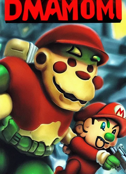 Prompt: Doomguy vs Mario, movie cover art