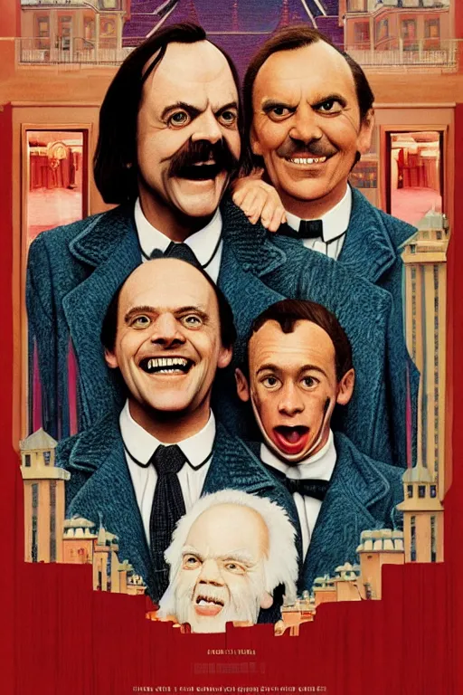 Image similar to a movie poster for the film the shining in the style of the grand budapest hotel featuring one grinning jack nicholson and an axe.