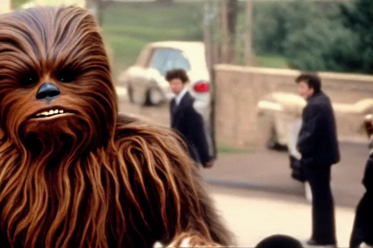 Image similar to A high quality movie still from the film Four Weddings and a Funeral, starring Chewbacca