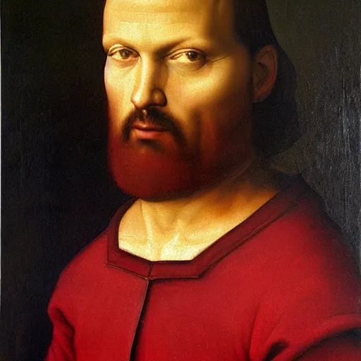 Prompt: a painting of a man wearing a red shirt, a character portrait by Quirizio di Giovanni da Murano, reddit, renaissance, da vinci, detailed painting, academic art