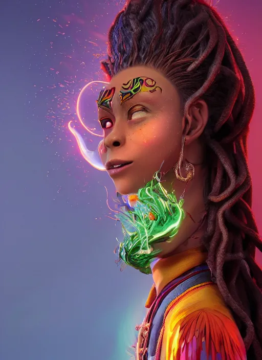 Image similar to an anthropomorphic beautiful smiling goddess female wizard portrait breathing fire wearing colourful robe, dreadlock breed hair, fine art, award winning, intricate, elegant, sharp focus, octane render, hyperrealistic, cinematic lighting, highly detailed, digital painting, 8 k concept art, art by jamie hewlett masterpiece, trending on artstation, 8 k