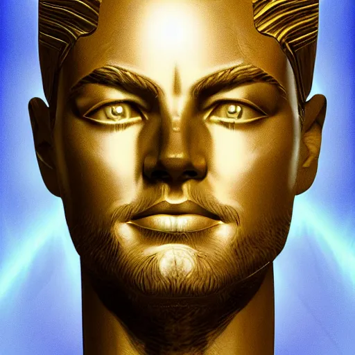 Image similar to concept art leonardo Dicaprio, digitial art, pharaoh, egypt, light, sun , cat, majestic, beautiful, symmetrical face, closeup face, golden ratio concept