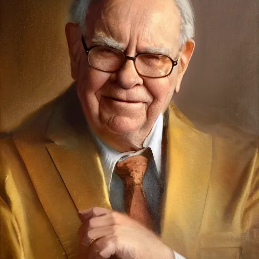 Prompt: detailed realistic cinematic wide shot of beautiful attractive young warren buffet hybrid bear tech man wearing gold suit robe slim face symettrical face clean skin black eyes black robe smooth, sharp focus, ultra realistic, spring light, painting by gaston bussiere, craig mullins, j. c. leyendecker