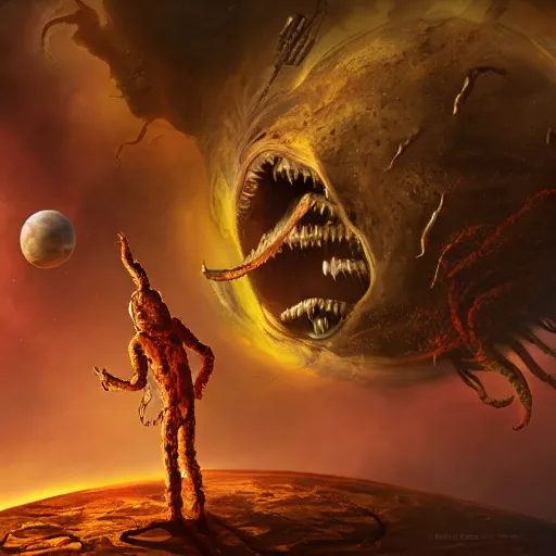 Prompt: eldritch horror bloody garfield in space, hd, 8 k, giant, epic, realistic photo, unreal engine, stars, prophecy, powerful, cinematic lighting, destroyed planet, debris, violent, sinister, ray tracing, dynamic, print, epic composition, dark, horrific, teeth, grotesque, scary, monochrome drawing