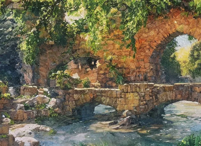 Image similar to watercolor of rustic stone bridge with mural, ivy, summer daylight, bright clear day, clouds, high detailed art by dennis miller bunker, work by anders zorn, wonderful masterpiece by greg rutkowski, beautiful cinematic light, american romanticism by greg manchess, creation by tyler edlin