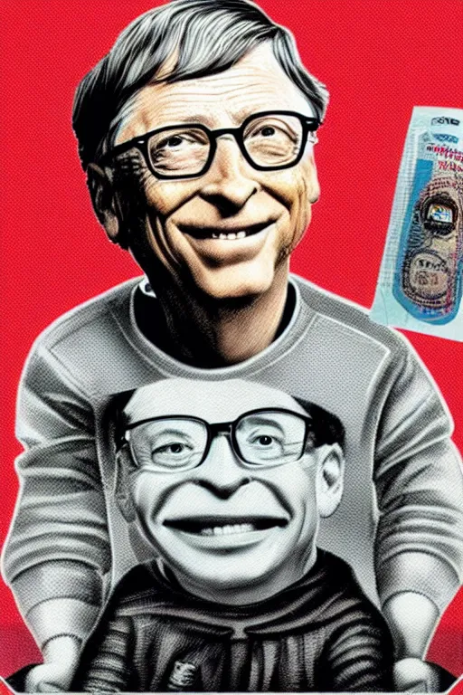 Prompt: bill gates as a garbage pail kid dollar bill