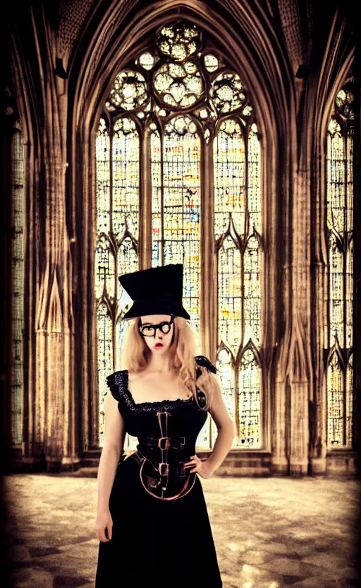 Prompt: blond gorgeous woman, blue eyes, black victorian dress, small round glasses, copper cogs, pipes, lace, hard lighting, spotlight, sunlight, fashion, vogue photoshoot, gothic cathedral, high contrast, low saturation