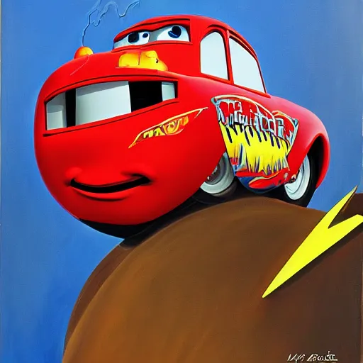 Image similar to a surrealist painting of Lightning McQueen,